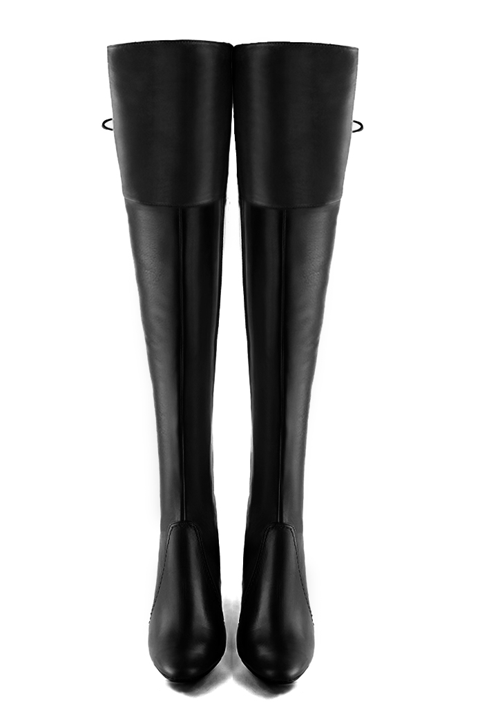 Satin black women's leather thigh-high boots. Round toe. High block heels. Made to measure. Top view - Florence KOOIJMAN